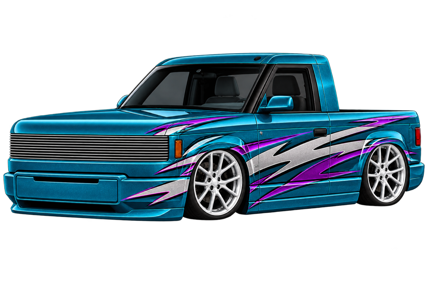 Teal mini truck with 90s graphics
